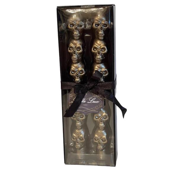 Halloween Stacked Gold Skulls Taper Candles Set of 2 Spooky Decor Bella Lux New - Picture 2 of 10
